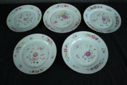 A set of five 18th century Chinese porcelain export ware plates with matching hand painted floral