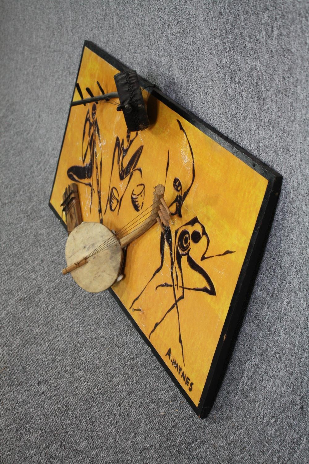 Mixed media painting on board. Signed 'A. Haynes'. Dancing tribal figures with a instruments - Image 4 of 5