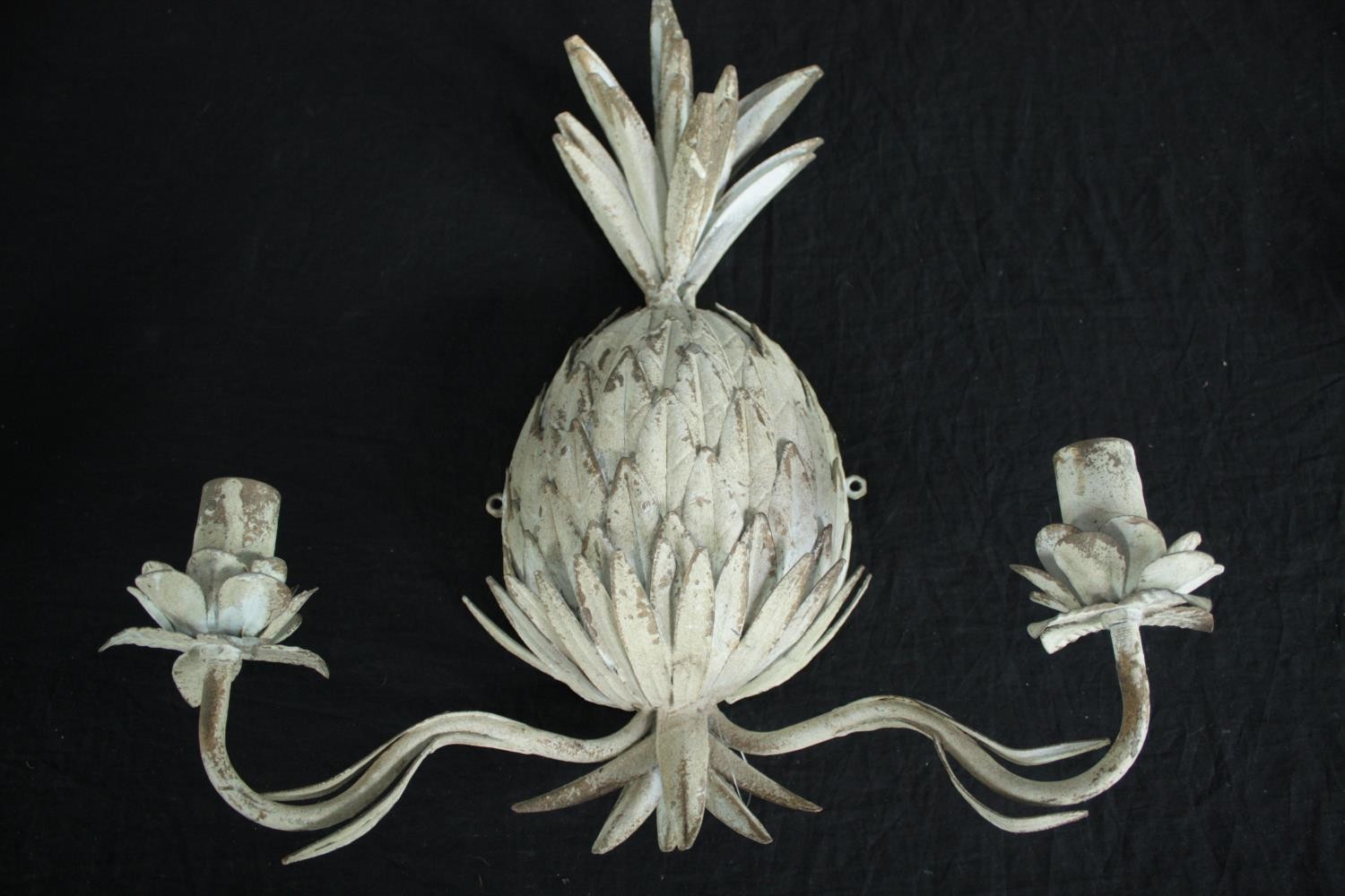 A pair of distressed painted metal twin sconce wall candelabras with pineapple and flowerhead - Image 2 of 7