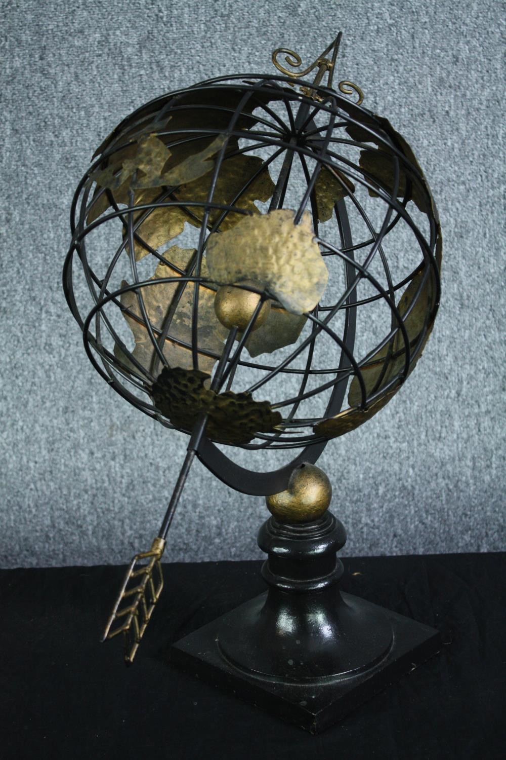 A vintage celestial metal armillary globe sphere, raised on turned ebonised socle. H.57. Dia.30 cm. - Image 4 of 4