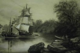 Charcoal drawing on paper. Titled the 'Avon near Bristol'. Unsigned. A sailing ship towed by a