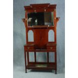 Hallstand, Edwardian mahogany and satinwood inlaid, bevelled plate glass and metal lift out drip