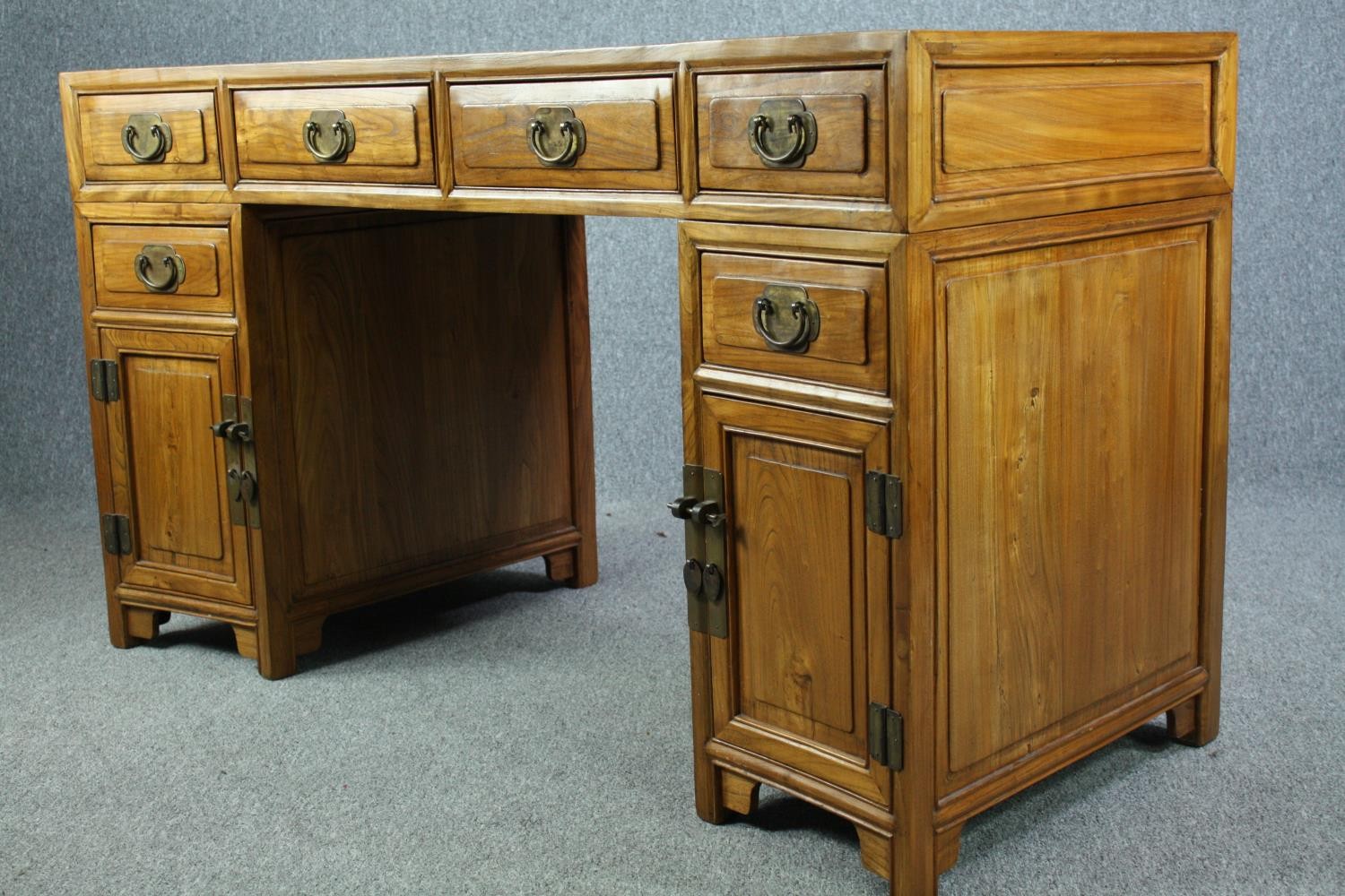 Pedestal desk, Chinese elm of curved outline, in three sections. H.85 W.150 D.66cm. - Image 4 of 7