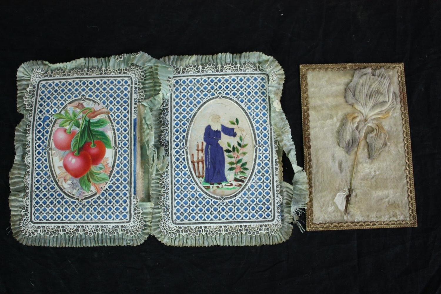 Ephemera. Four cards mounted back to back on silk. 'Christmas Welcome' and another, a fabric