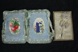 Ephemera. Four cards mounted back to back on silk. 'Christmas Welcome' and another, a fabric