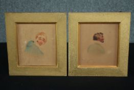Two watercolour portraits on wood. Eighteenth century. Unsigned. In old framed painted in gilt. H.22