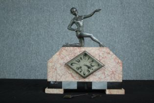 Mantel clock, Art Deco marble and chrome with figural surmount. With key and pendulum. H.42 W.37 D.