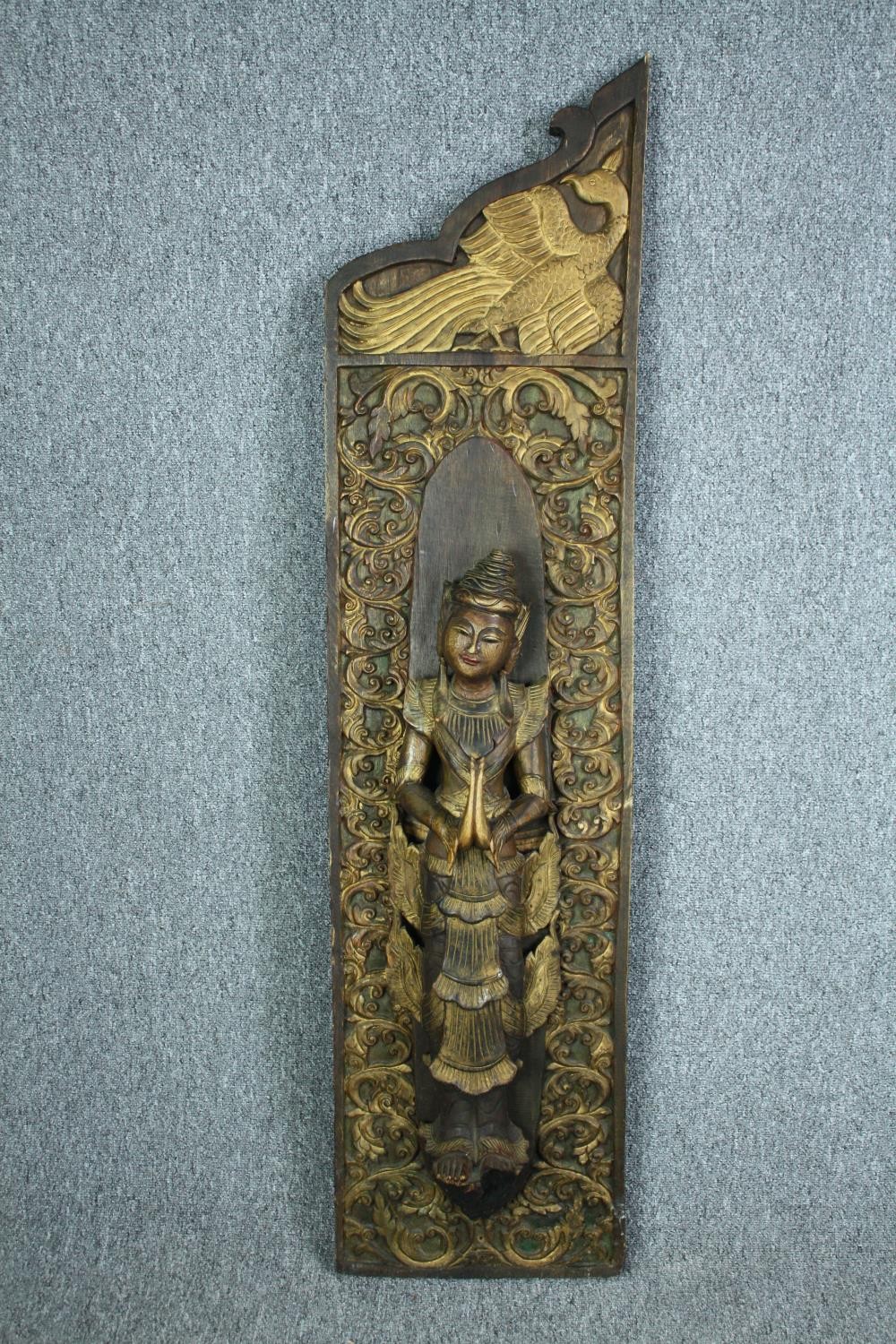 Two carved Buddhist wall panels hand painted and decorated in gilt. H.143 W.35 cm. (largest) - Image 2 of 7