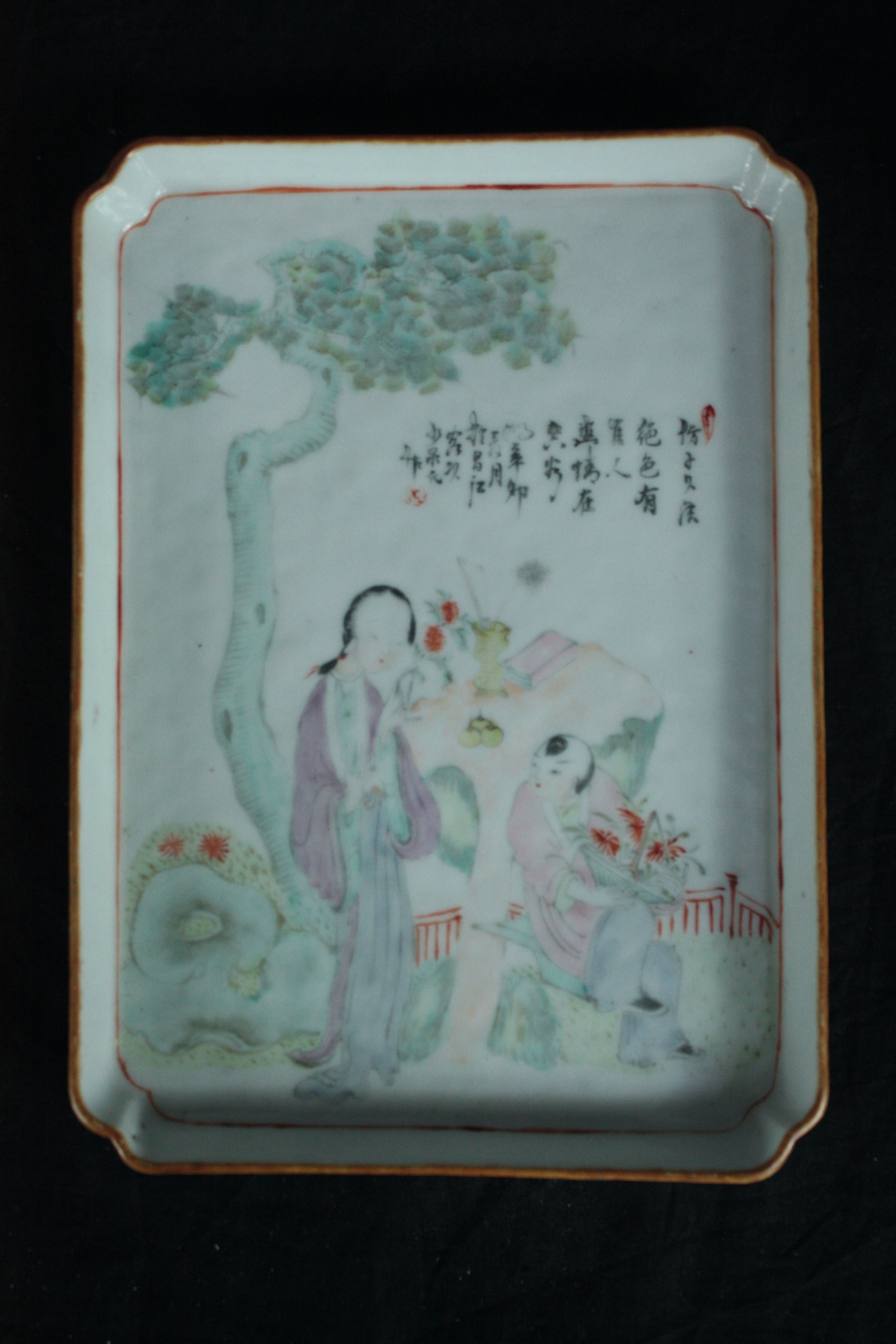 Two 19th century Chinese Famille Rose porcelain trays hand painted with figures. One of a scholar - Image 2 of 6