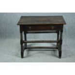 Side table, 18th century oak on stretchered bobbin turned supports. H.66 W.82 D.56cm.
