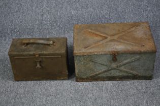 Two metal boxes. The smaller of the pair is likely an old military ammunition box. H.23 W.44 D.28
