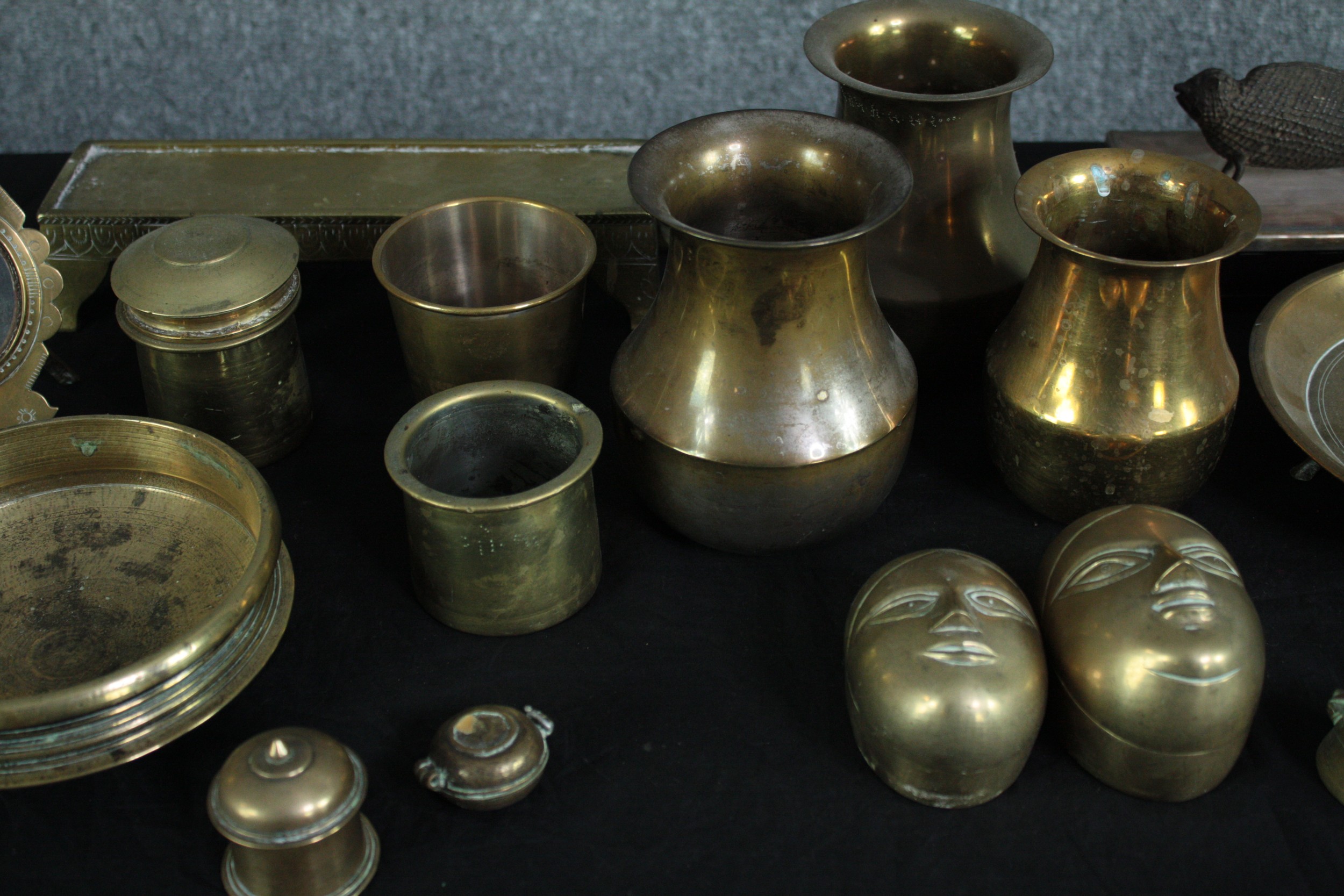 A collection of various brass items including a picture frame, trinket boxes and a wine holder. H.20 - Image 3 of 4