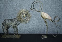 Two modern African wire made animals. A lion and a bird. H.50cm. (largest)