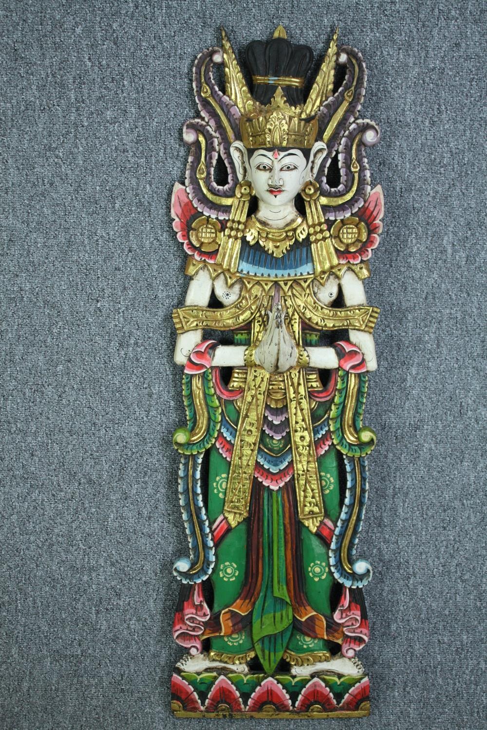 Two carved Buddhist wall panels hand painted and decorated in gilt. H.143 W.35 cm. (largest) - Image 3 of 7