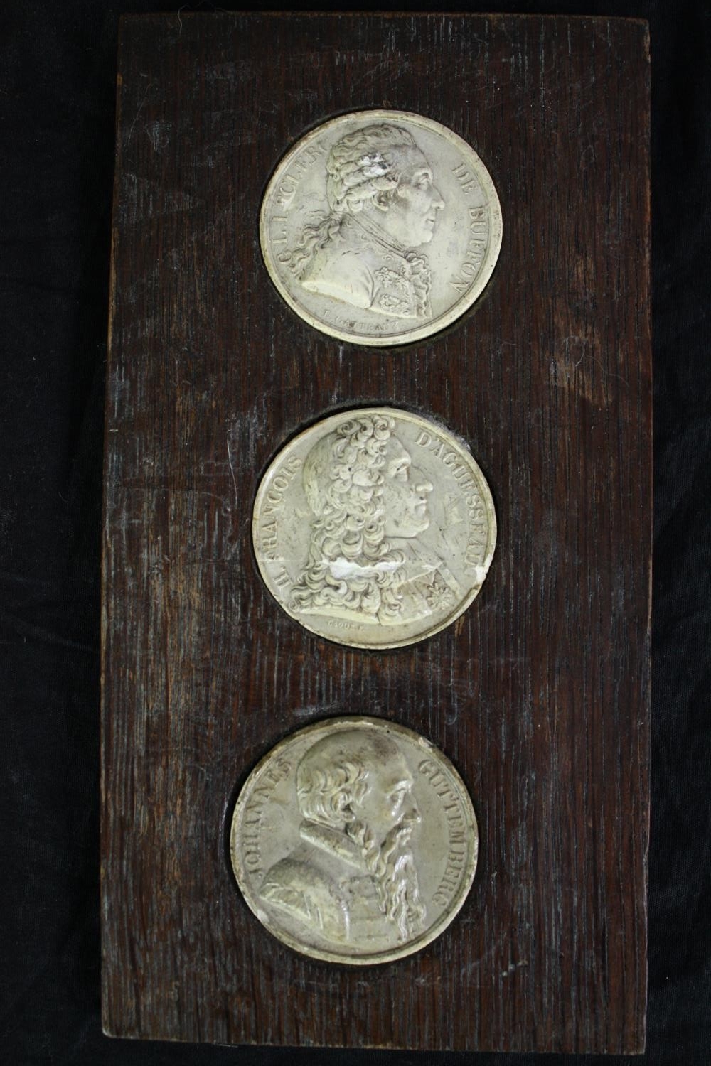 A collection of nineteenth century plaster medal dies mounted on wood. Including the Dupin A.M.J. - Image 2 of 8