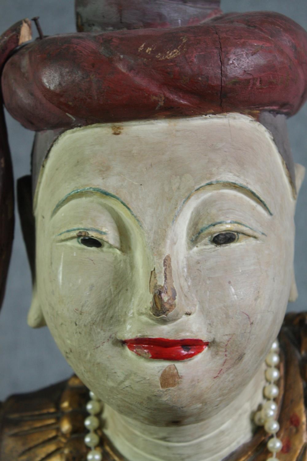 A pair of carved floor standing Chinese goddesses. In heavily detailed gilt decorated robes and - Image 10 of 15