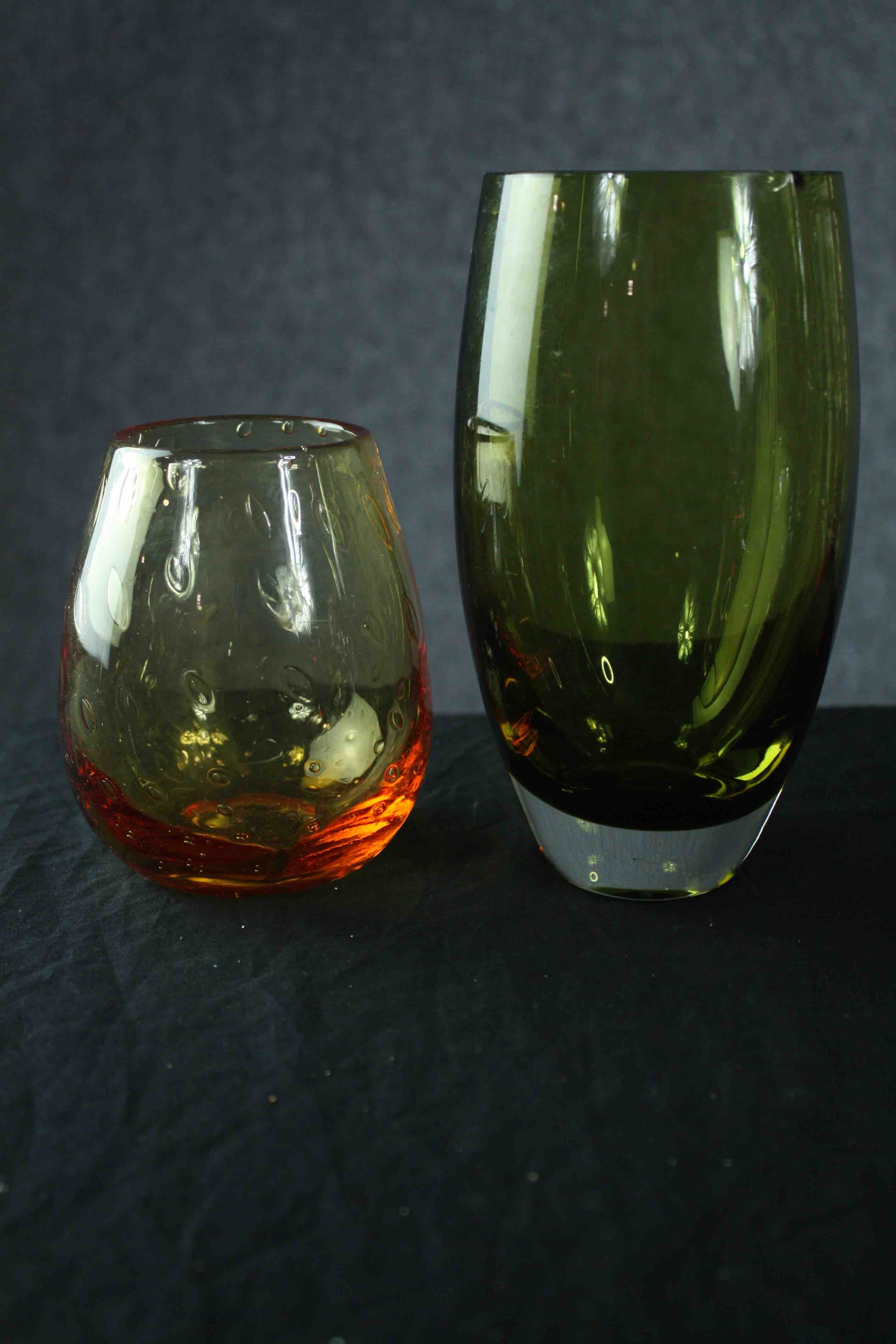 Studio glass. A mixed collection of coloured glass including vases and a pair of ruby glass sherry - Image 2 of 9