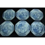 A set of six 18th century octagonal blue and white Chinese porcelain plates. Hand painted with a