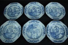 A set of six 18th century octagonal blue and white Chinese porcelain plates. Hand painted with a