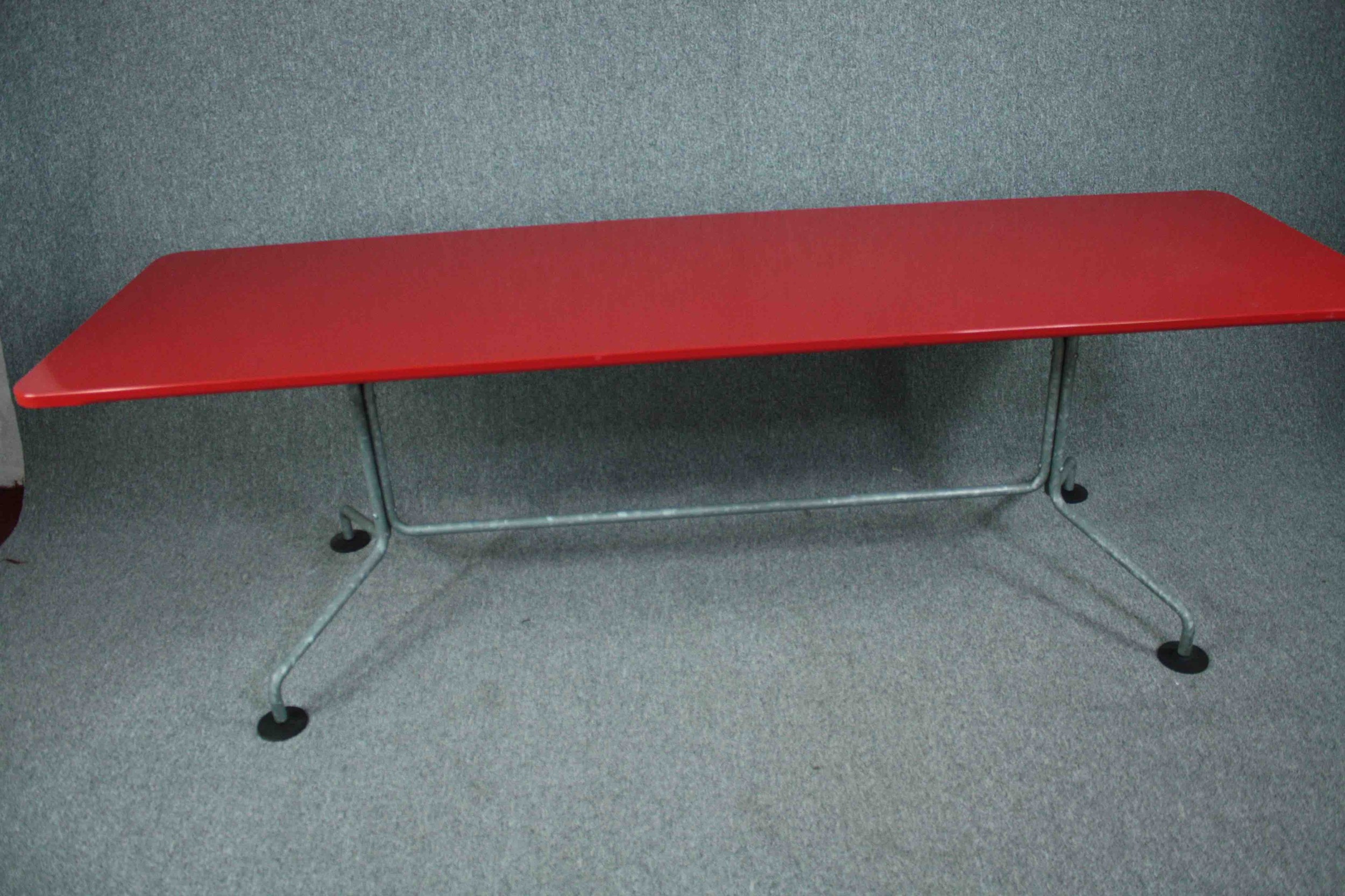 A large metal vintage style dining table, contemporary with red lacquered top. H.75 W.240 D.75cm. - Image 3 of 12