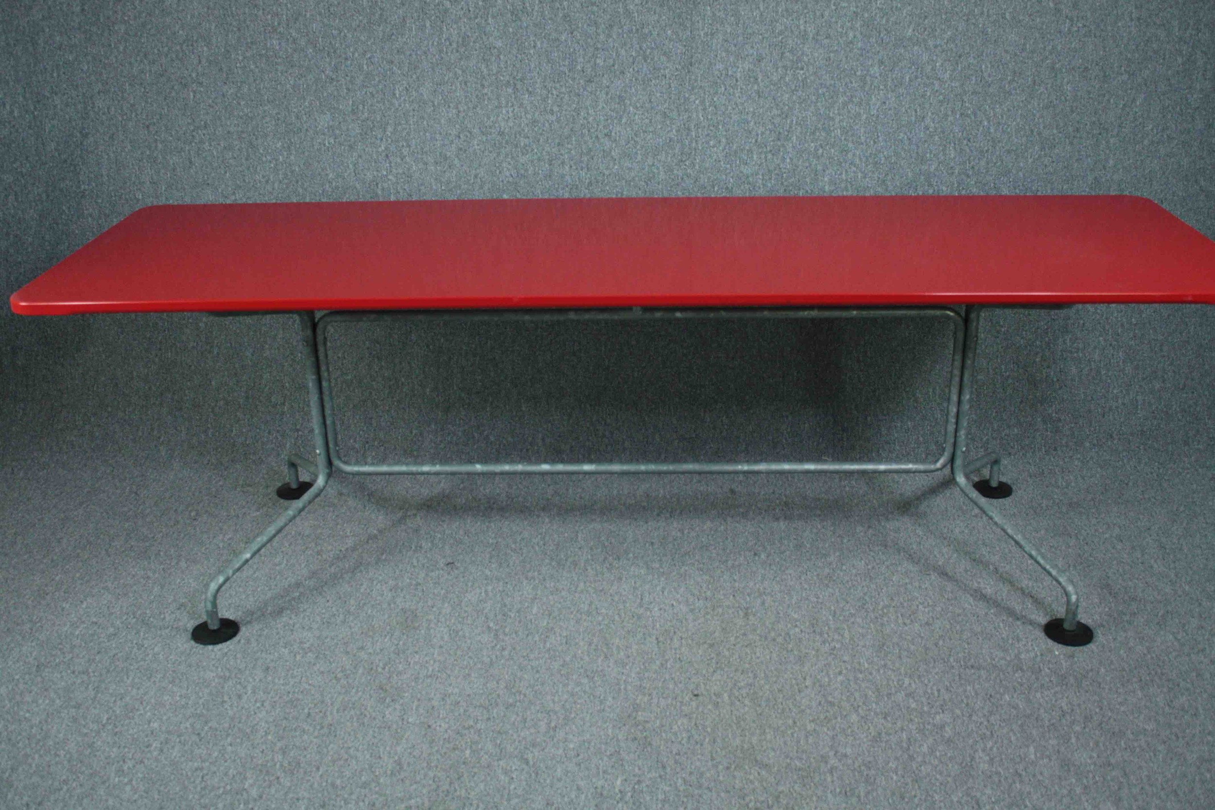 A large metal vintage style dining table, contemporary with red lacquered top. H.75 W.240 D.75cm. - Image 5 of 12