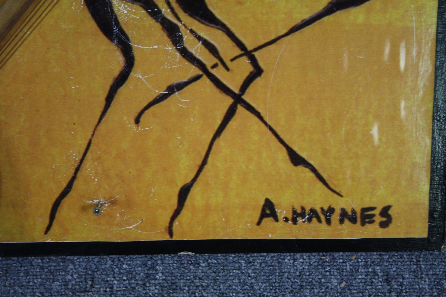 Mixed media painting on board. Signed 'A. Haynes'. Dancing tribal figures with a instruments - Image 3 of 5