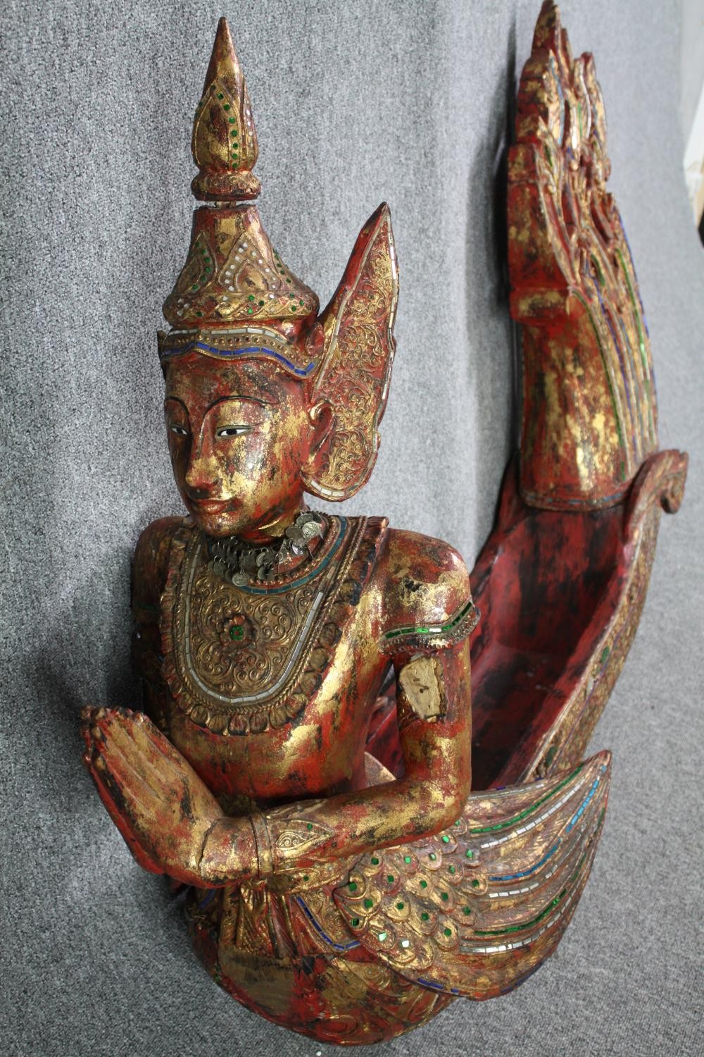 A large carved Buddha in a boat or canoe. Gilded and decorated with small mirror tiles. H.125 W. - Image 5 of 8