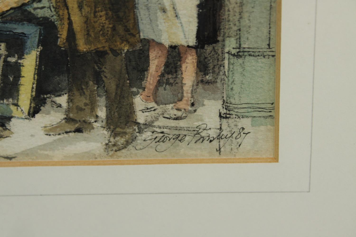 George Busby (British 1926 - 2005). Watercolour titled 'The Dealer'. Signed in pencil. Framed and - Image 3 of 5