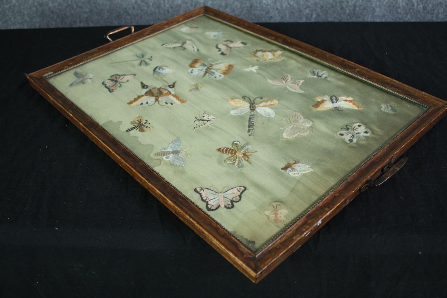 An embroidered tray featuring butterflies. Probably early twentieth century. L.63 W.43cm. - Image 4 of 6