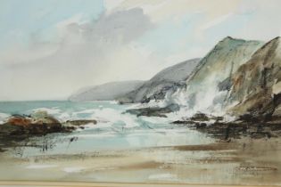 Aubrey R. Phillips (British 1920 - 2005). Watercolour painting. Beach scene. Framed and glazed. H.53