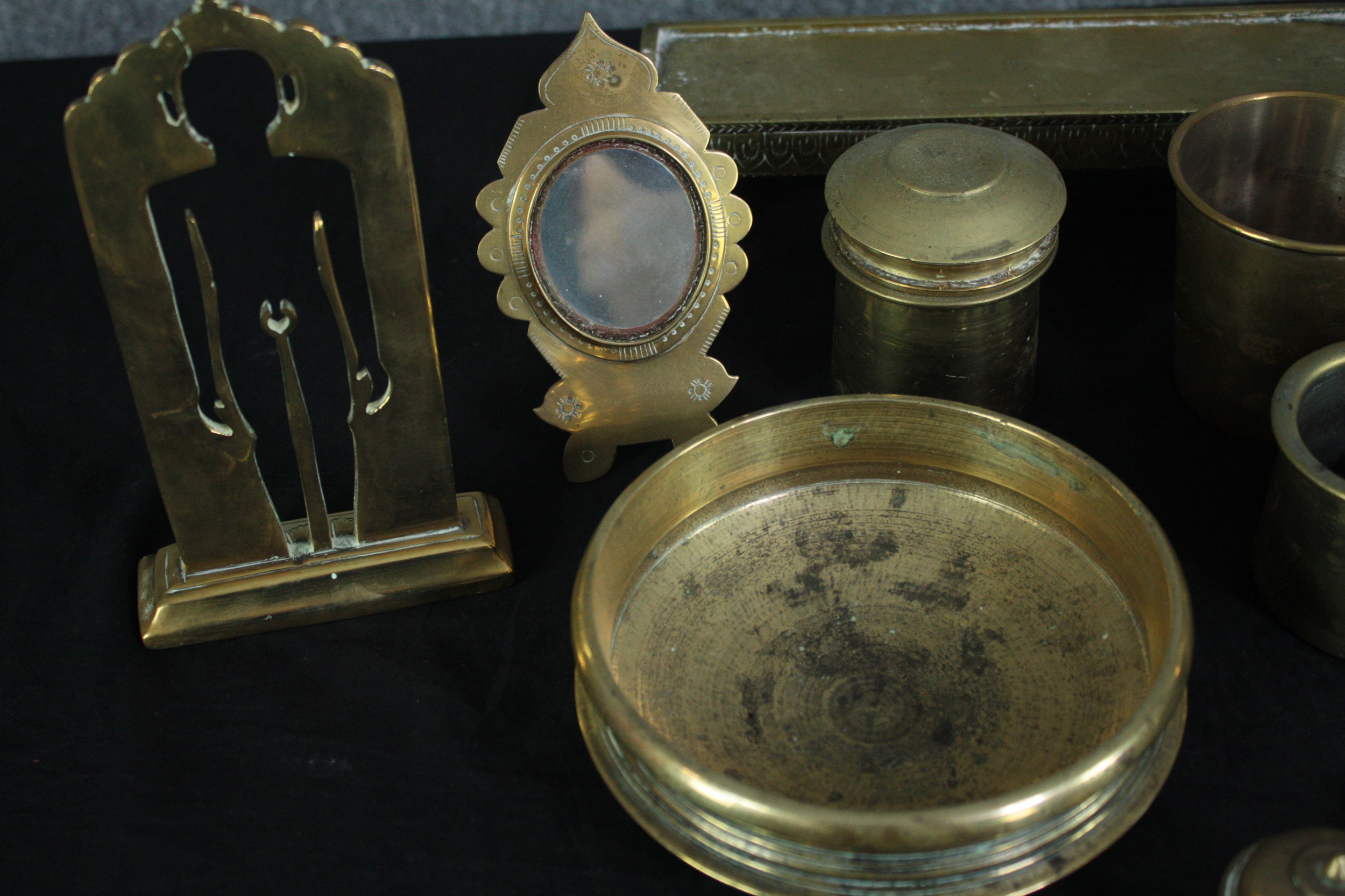 A collection of various brass items including a picture frame, trinket boxes and a wine holder. H.20 - Image 2 of 4