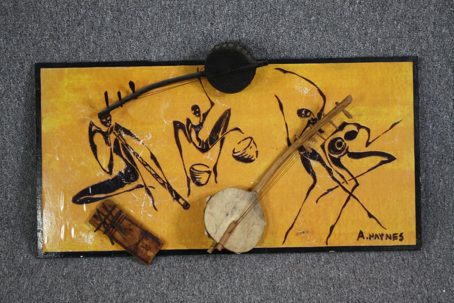 Mixed media painting on board. Signed 'A. Haynes'. Dancing tribal figures with a instruments - Image 2 of 5