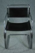 A mid century Breuer style chrome and leather cantilever armchair.