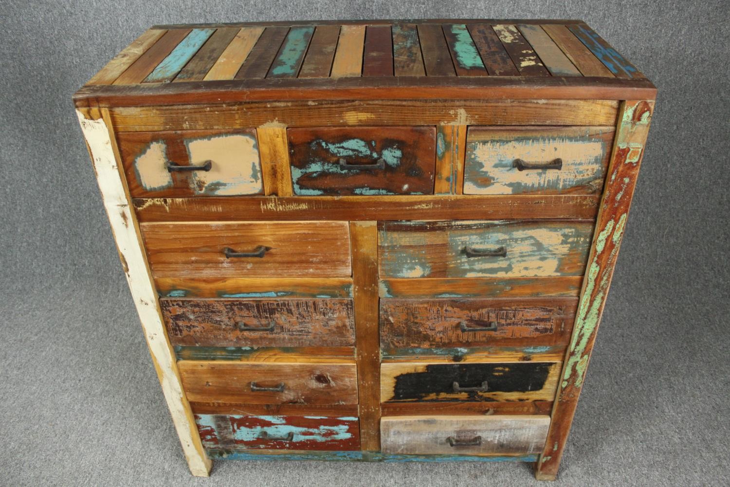 A contemporary distressed polychrome painted chest of drawers. H.100 W.100 D.40cm. - Image 2 of 6