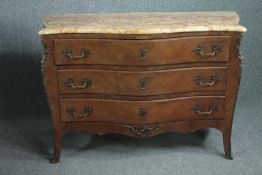 Commode chest, Louis XV style, kingwood and satinwood inlay with marble top and ormolu mounts. H.