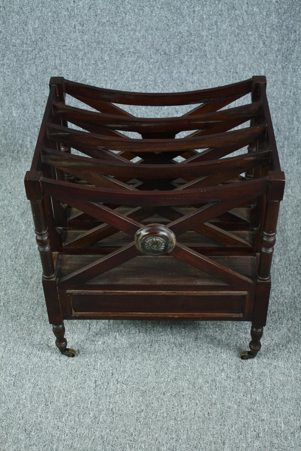 Canterbury magazine rack, Regency style mahogany. H.54 W.48 D.38cm.