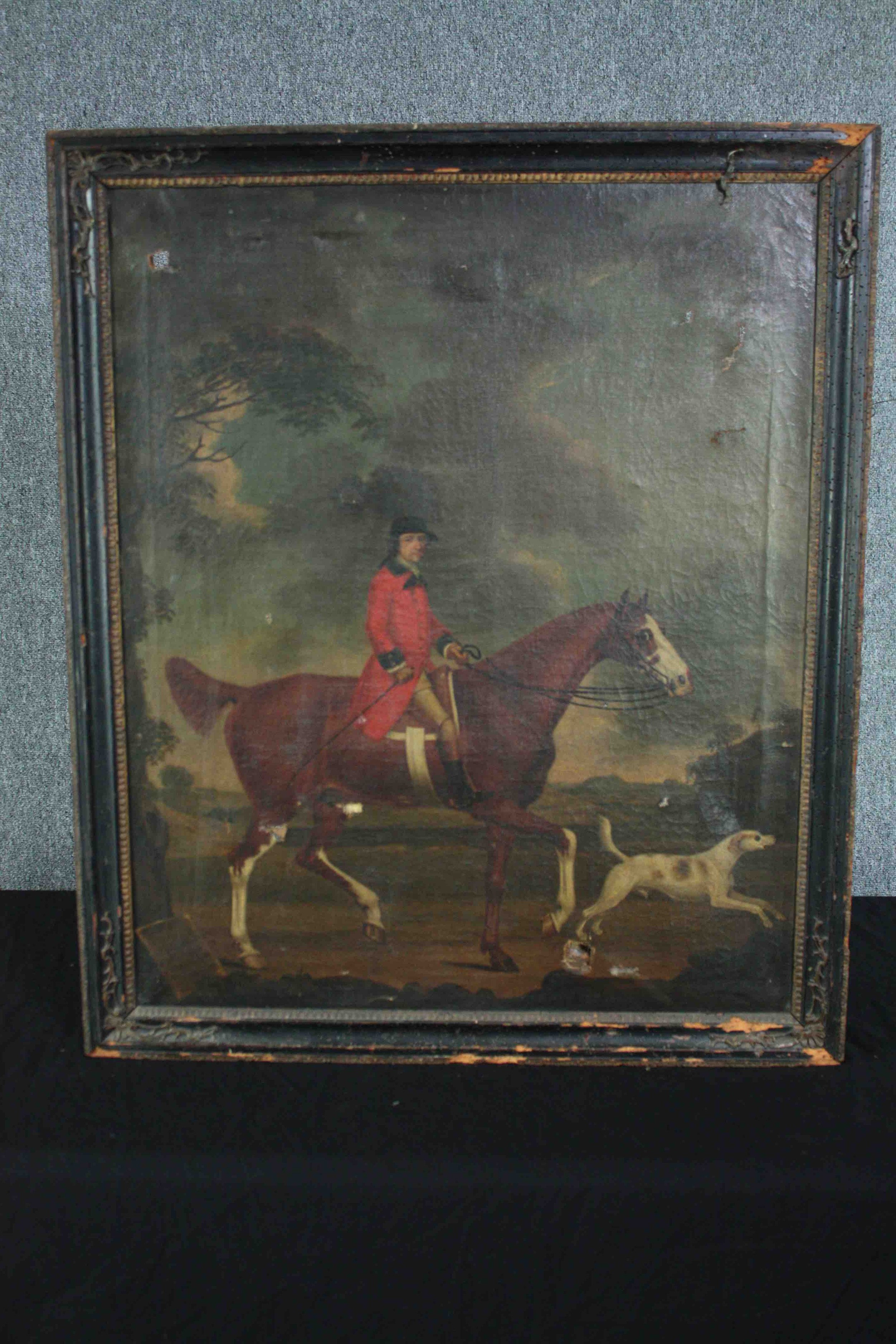 Oil painting on canvas. A huntsman and his dog. Nineteenth century. Quite damaged with a rips to the - Image 2 of 6