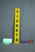 A collection of signs. Modern reproductions. Station Master, To the Trains, Tickets and an