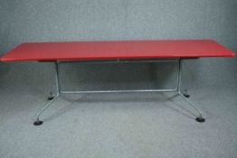 A large metal vintage style dining table, contemporary with red lacquered top. H.75 W.240 D.75cm.