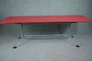 A large metal vintage style dining table, contemporary with red lacquered top. H.75 W.240 D.75cm.