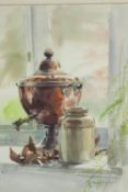 George Busby (British 1926 - 2005). Watercolour. Still life, Copper kettle. Signed in pencil. Framed