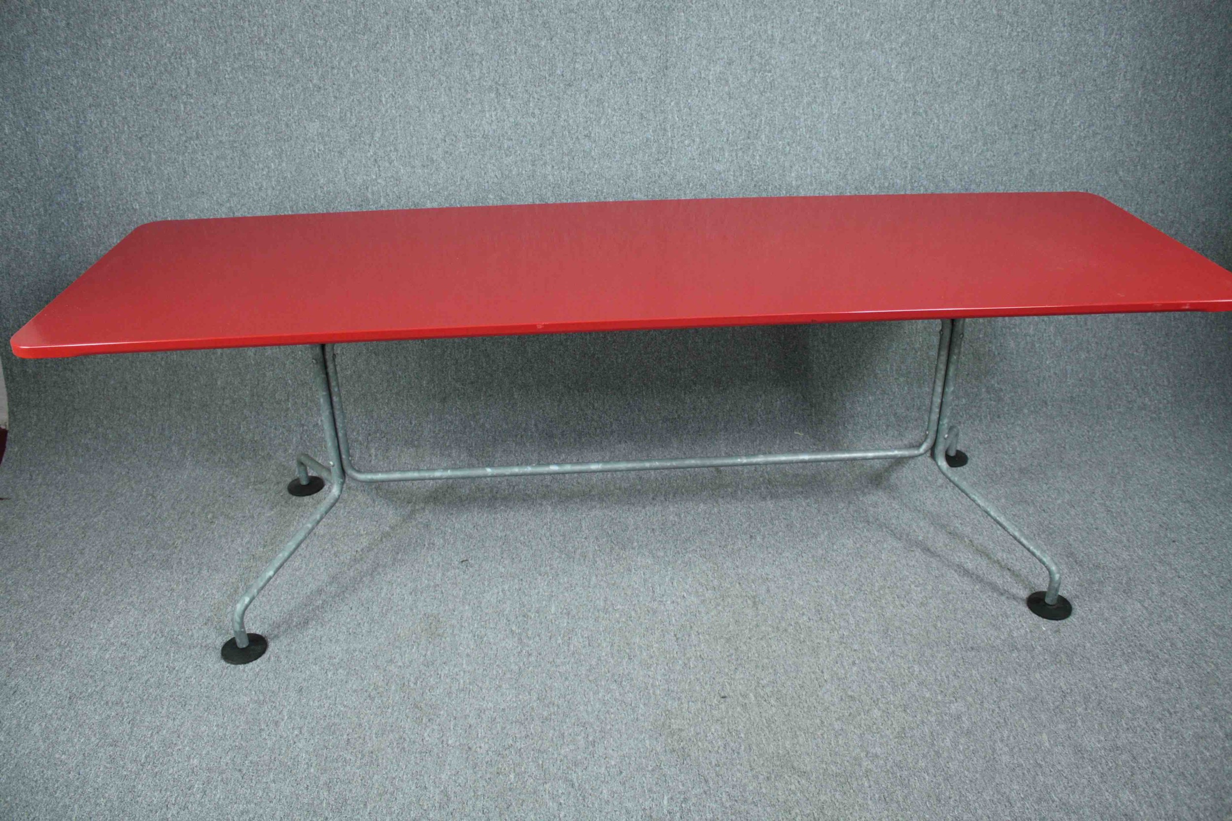 A large metal vintage style dining table, contemporary with red lacquered top. H.75 W.240 D.75cm. - Image 2 of 12