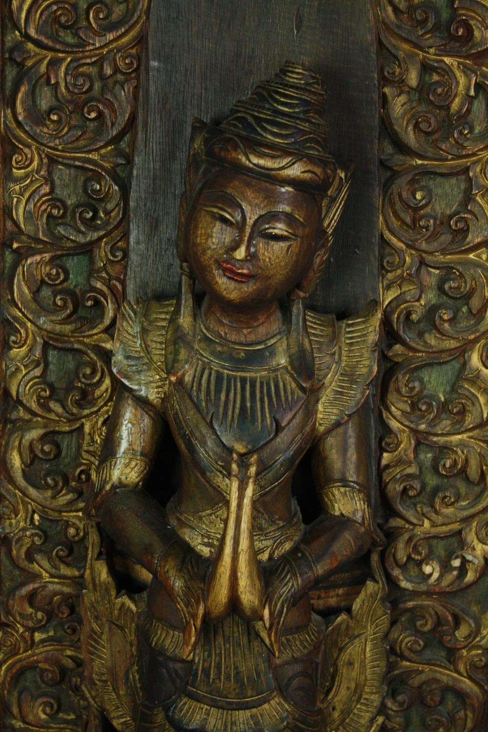 Two carved Buddhist wall panels hand painted and decorated in gilt. H.143 W.35 cm. (largest) - Image 4 of 7