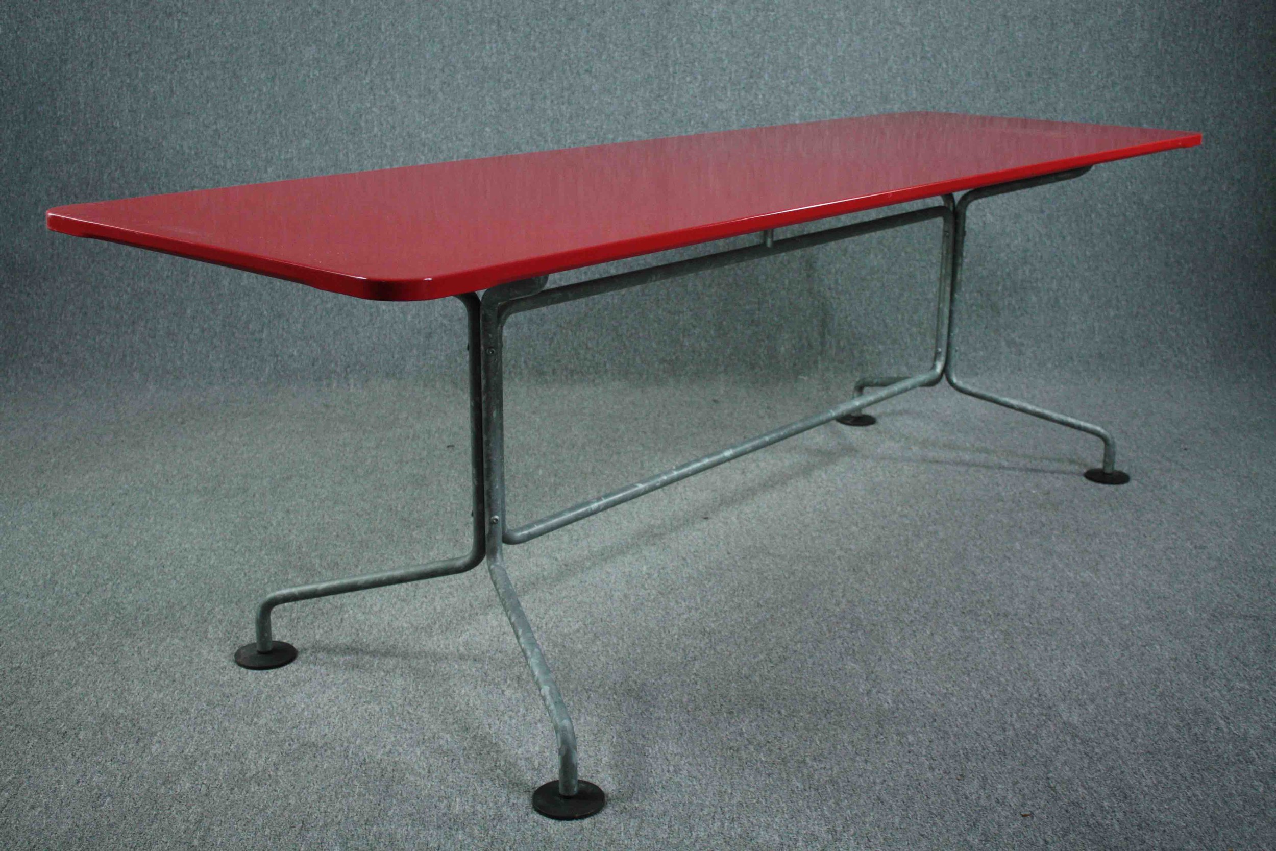 A large metal vintage style dining table, contemporary with red lacquered top. H.75 W.240 D.75cm. - Image 7 of 12