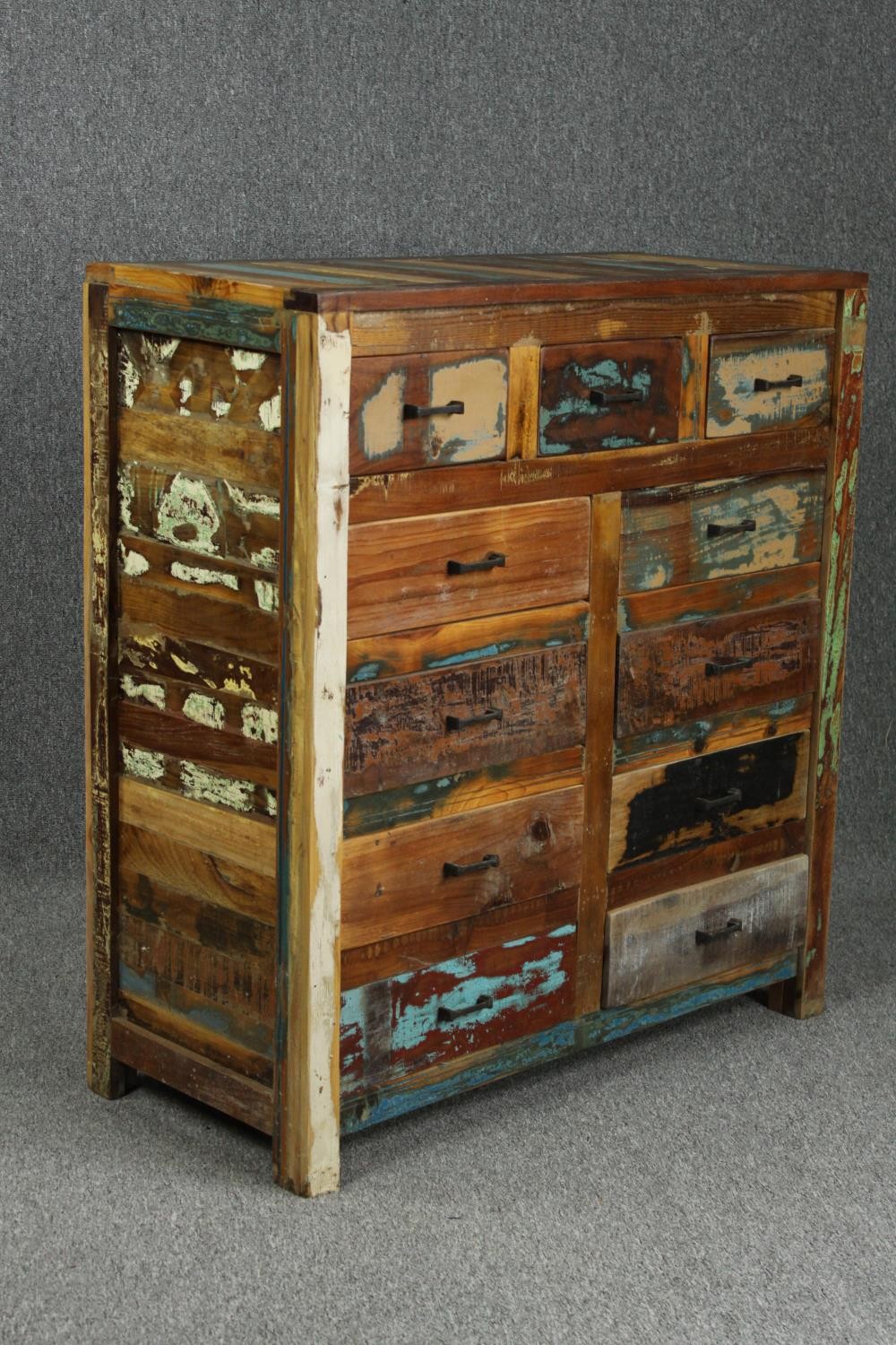 A contemporary distressed polychrome painted chest of drawers. H.100 W.100 D.40cm. - Image 3 of 6