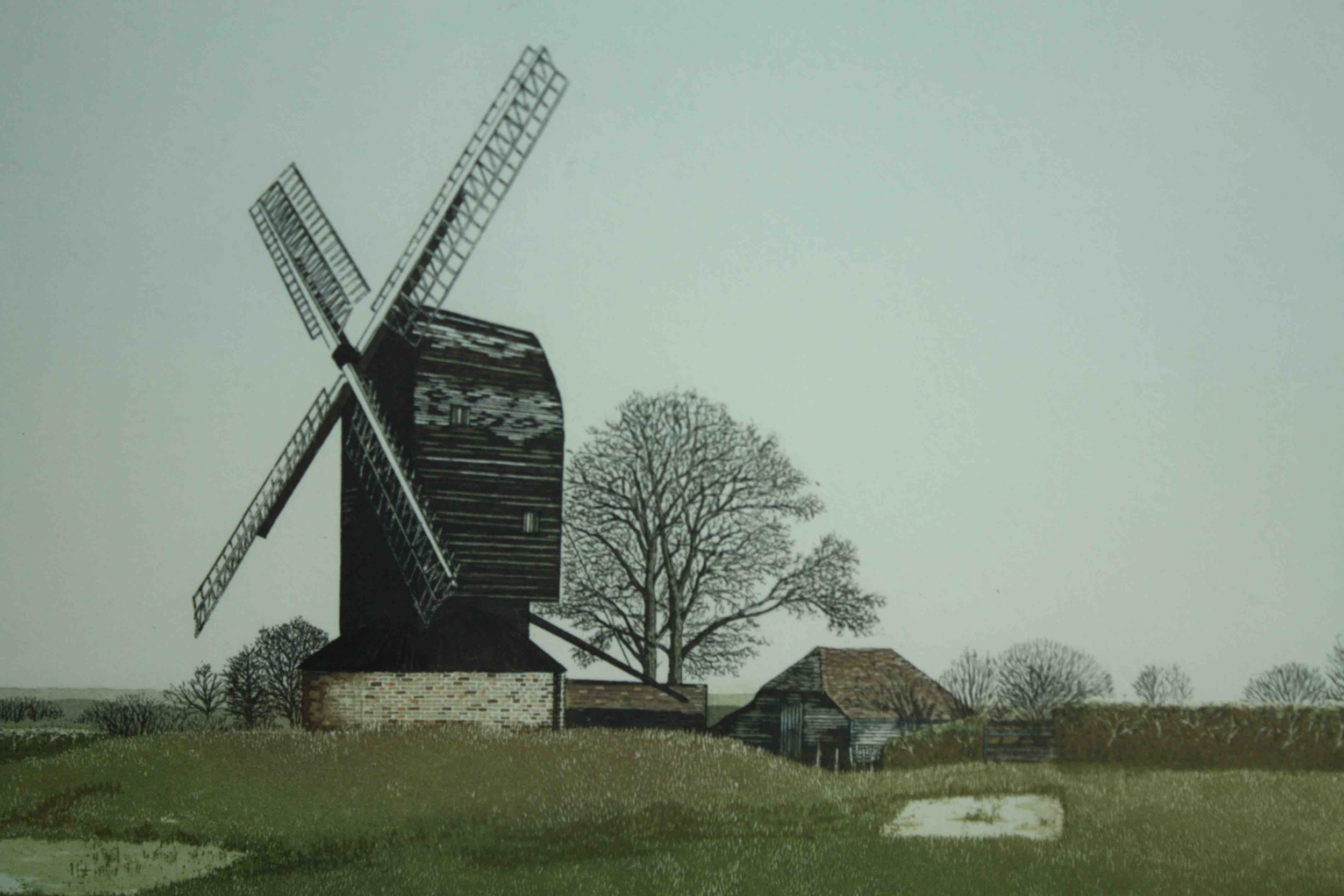 The Post Mill. Lithograph, print. Windmill. Signed indistinctly bottom right. Numbered limited