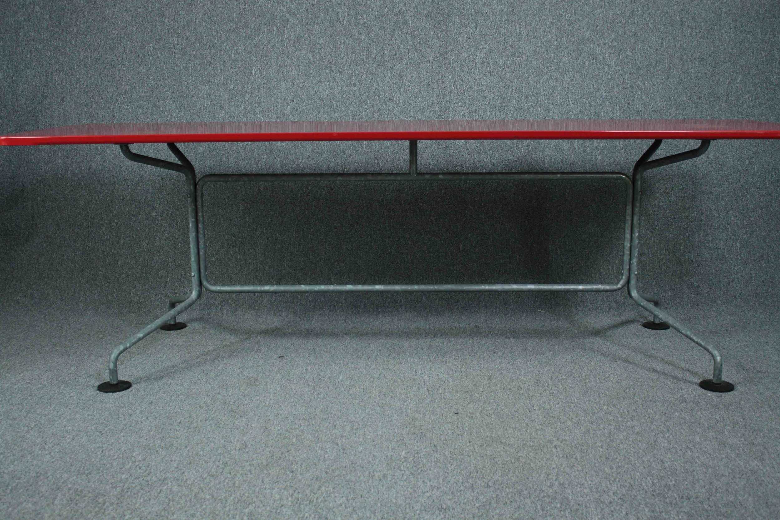 A large metal vintage style dining table, contemporary with red lacquered top. H.75 W.240 D.75cm. - Image 4 of 12