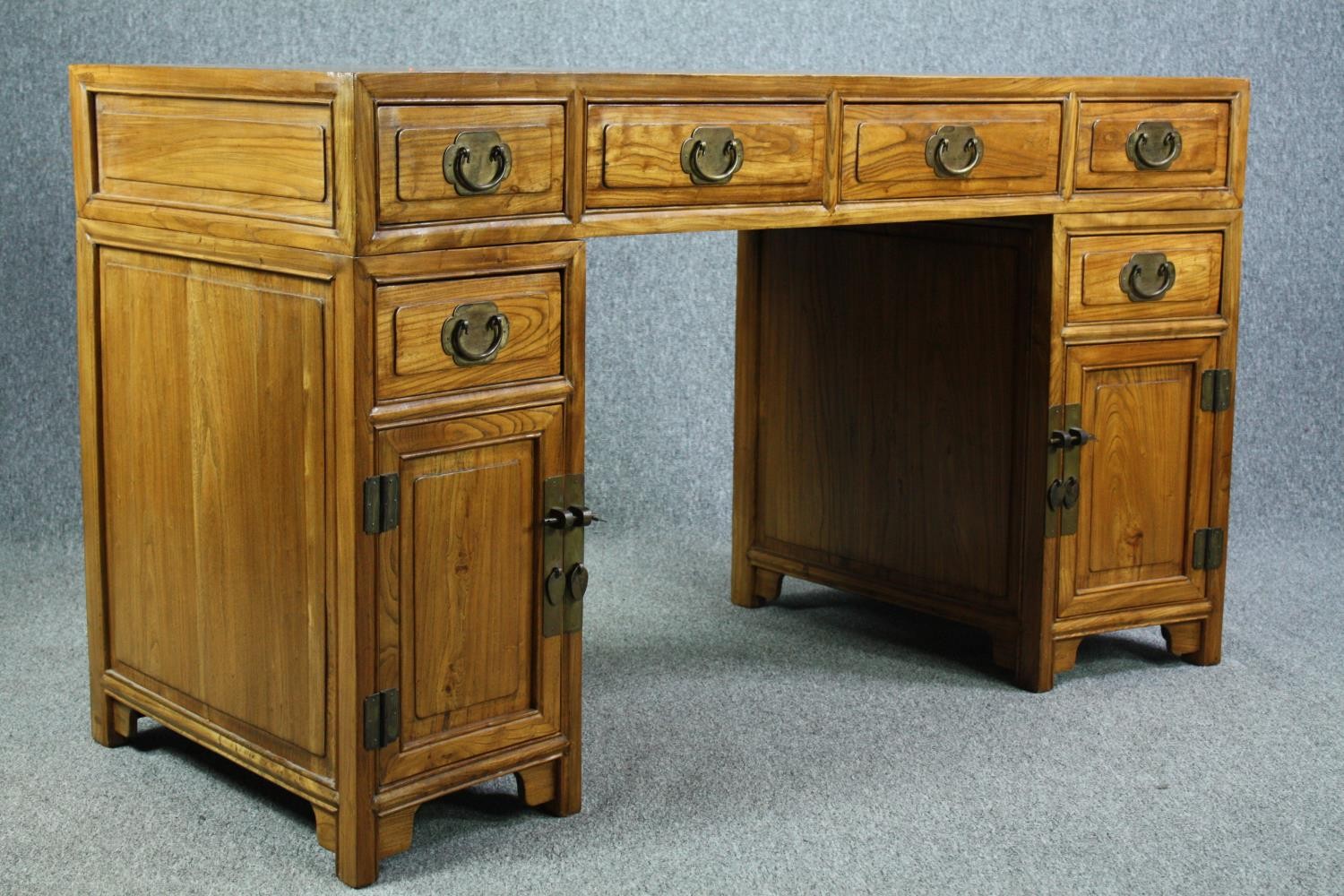 Pedestal desk, Chinese elm of curved outline, in three sections. H.85 W.150 D.66cm. - Image 2 of 7