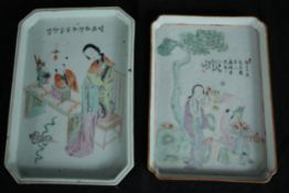 Two 19th century Chinese Famille Rose porcelain trays hand painted with figures. One of a scholar