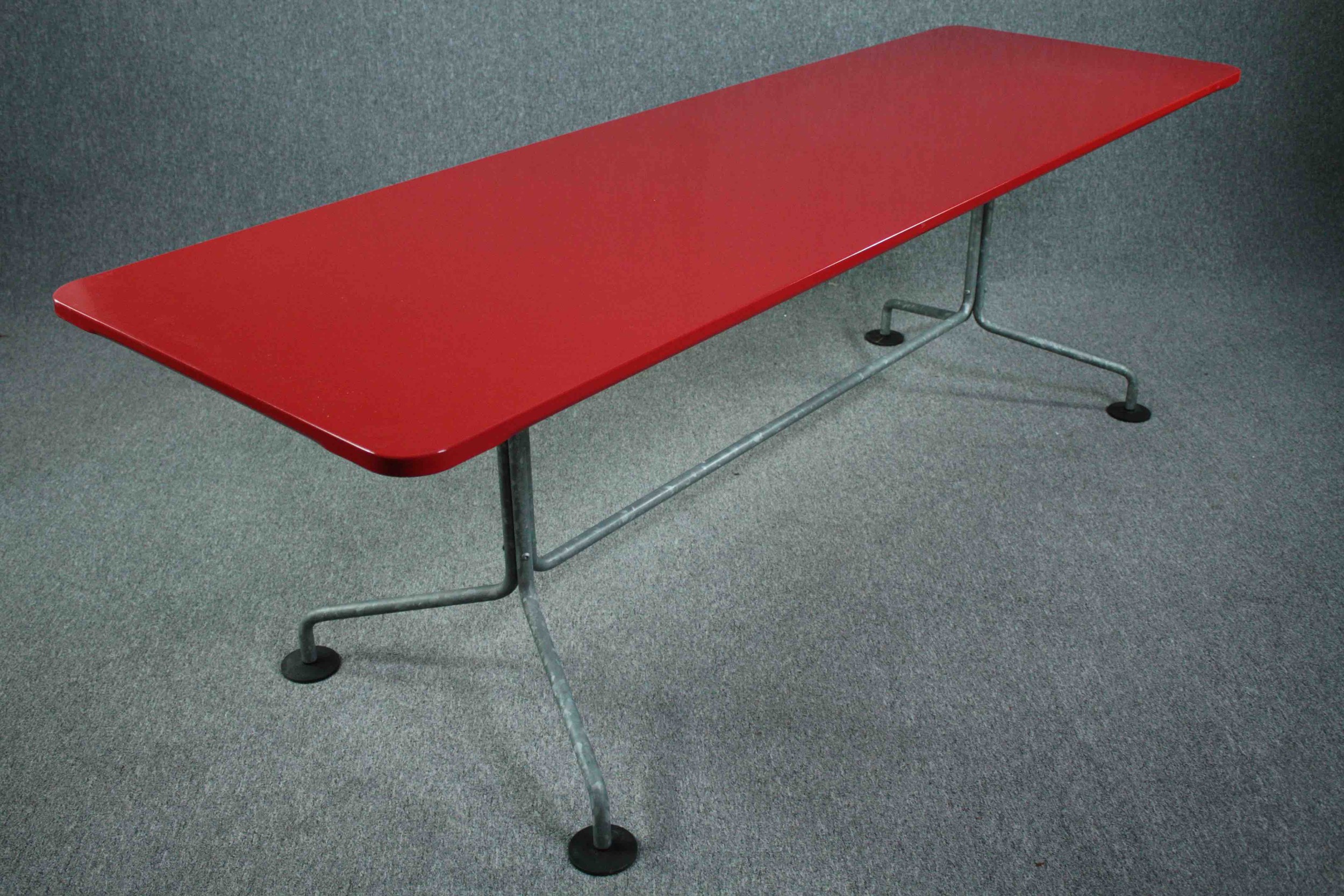 A large metal vintage style dining table, contemporary with red lacquered top. H.75 W.240 D.75cm. - Image 6 of 12